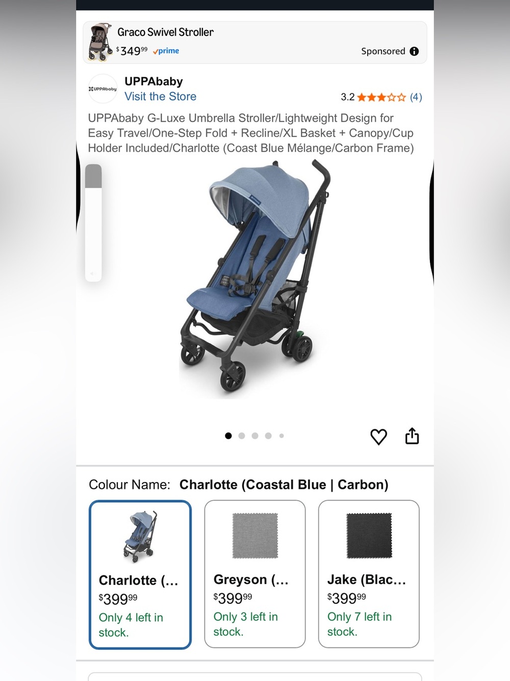 Uppababy light blue/white G luxe umbrella stroller